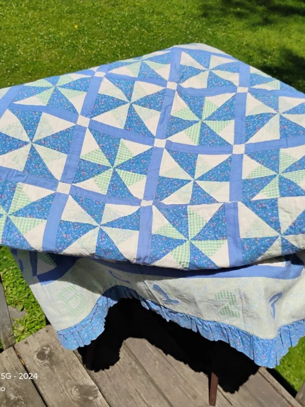 vintage hand made baby quilt ABC 123 blue green white ruffled edge crib sized